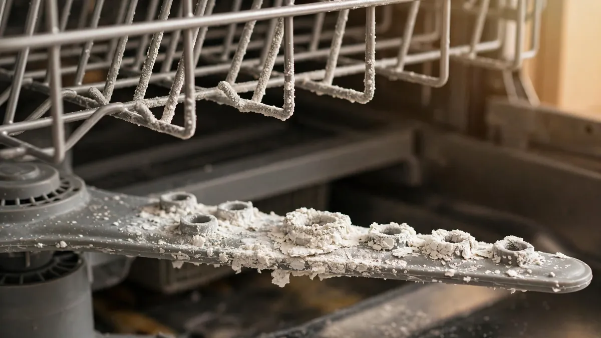 Close-up of hard water scale buildup on dishwasher spray arms in an Albuquerque home