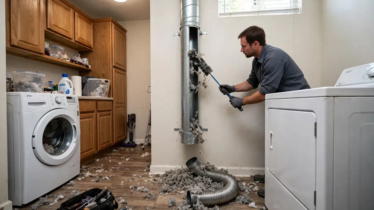 Technician cleaning a long vertical dryer vent run in a Charlotte townhome laundry room