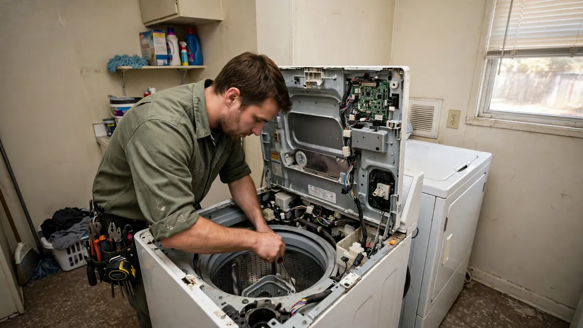 Technician repairing a heavily used washing machine in a Columbus rental duplex laundry room