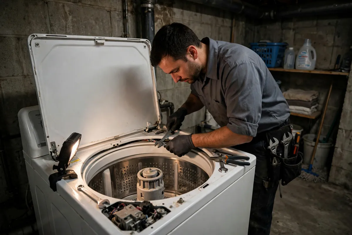 Technician repairing a washer in a Des Moines basement laundry room