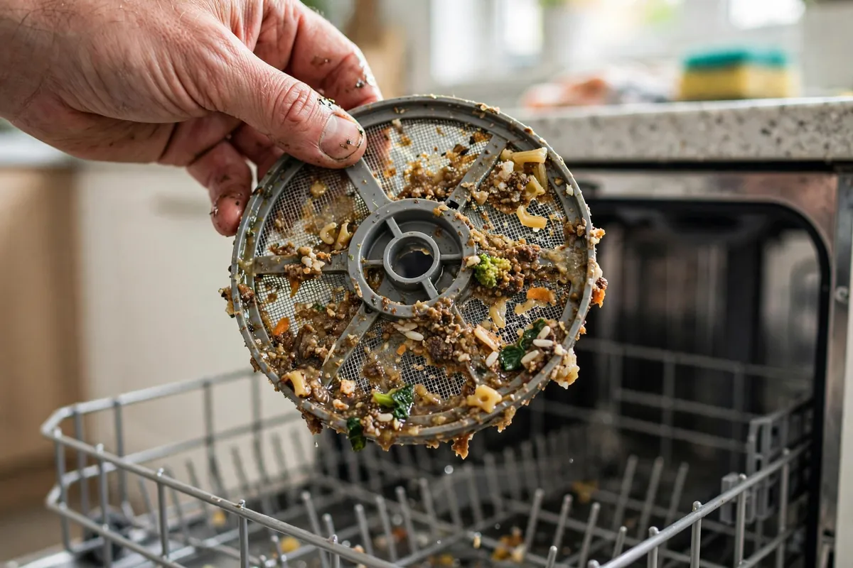 Clogged dishwasher filter covered in food debris, the top cause of dishwashers not draining