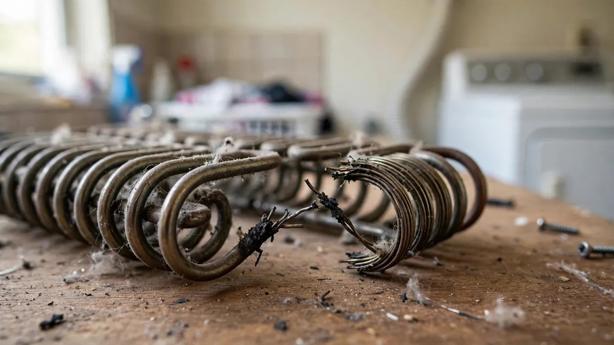 Dryer heating element coil with a visible break in the wire