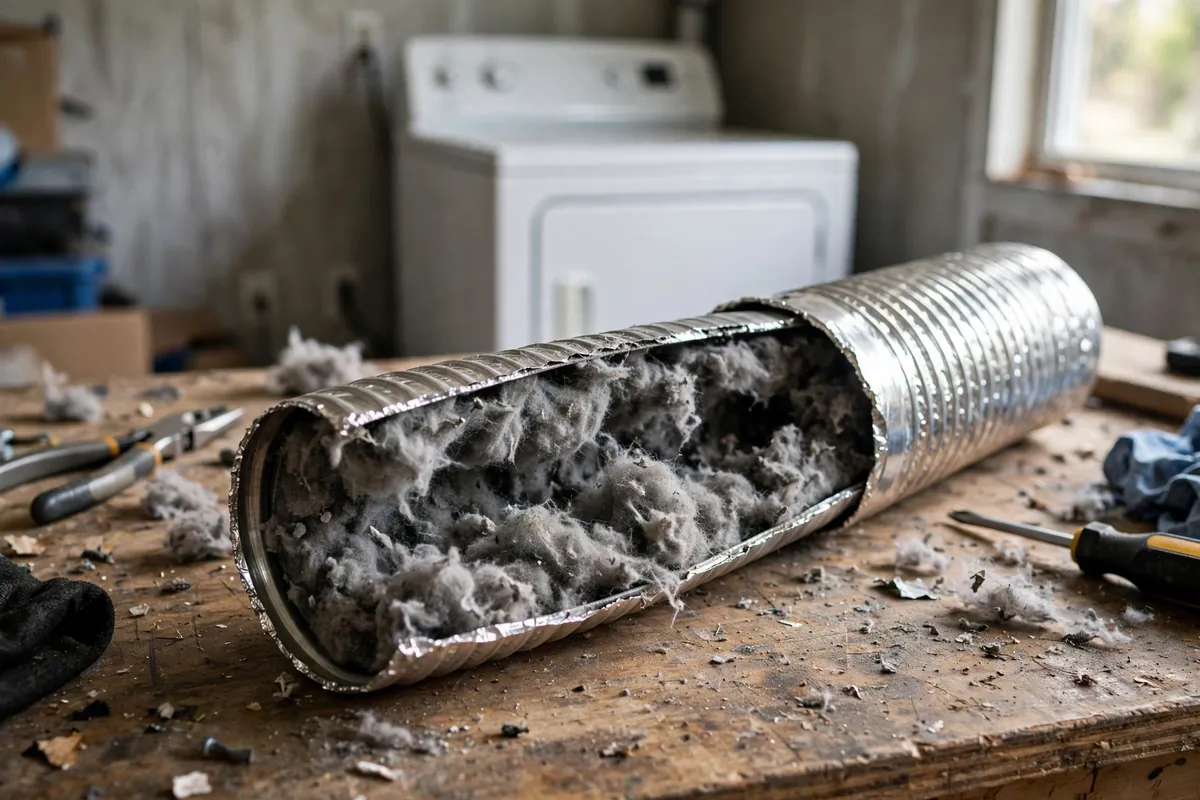 Dryer vent hose clogged with packed lint, the most common cause of dryers not heating