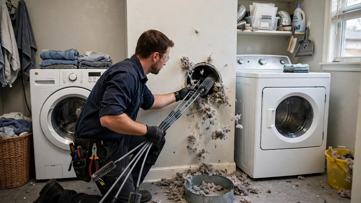 Cleaning a dryer vent wall duct with a flexible brush kit to remove packed lint