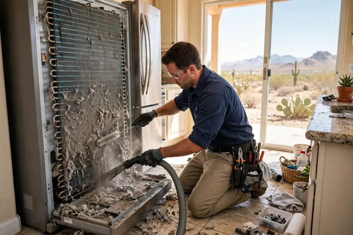 Technician cleaning dust-clogged refrigerator condenser coils in an El Paso home during summer