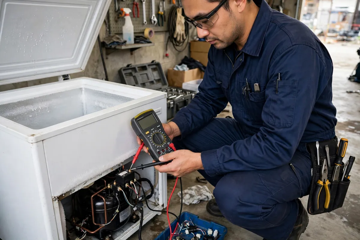 Technician testing a chest freezer start relay with a multimeter