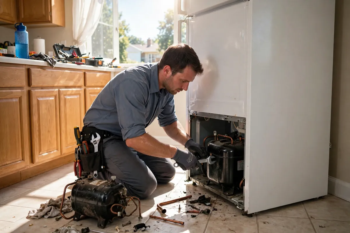 Technician repairing a refrigerator compressor in a Fresno home during a summer heat wave
