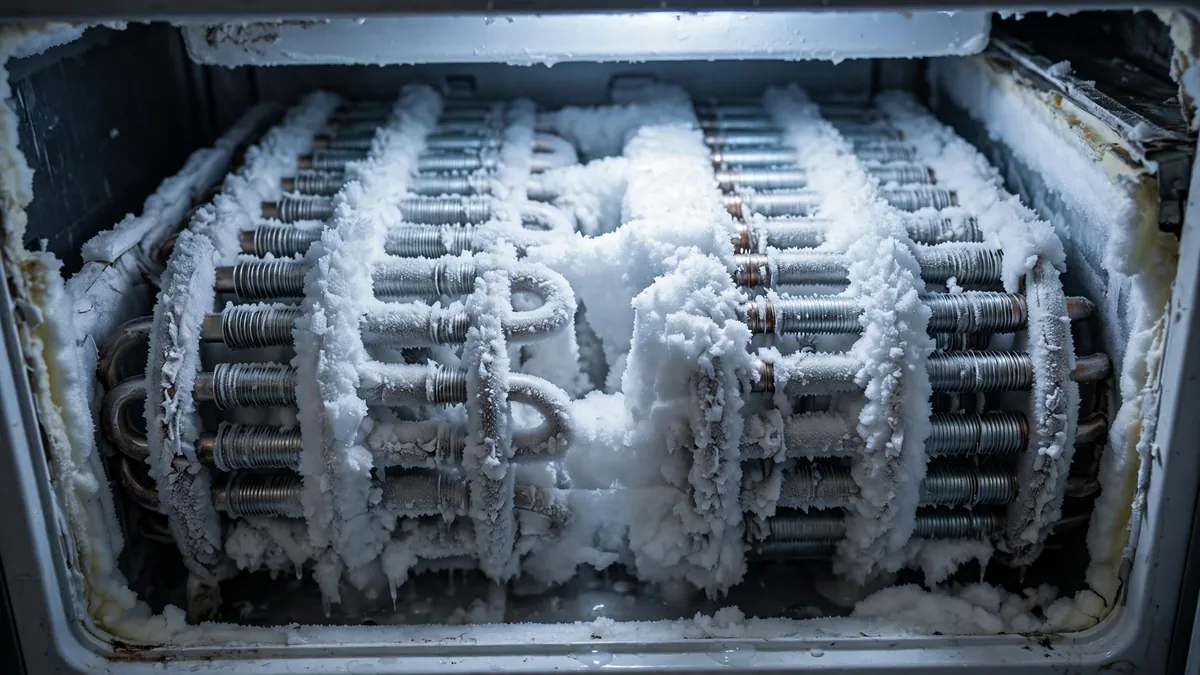 Heavy frost buildup on Frigidaire refrigerator evaporator coils from a failed defrost heater