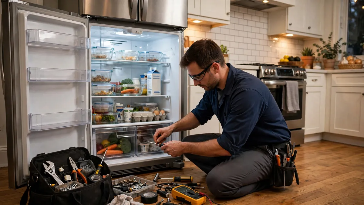 Appliance repair technician fixing a refrigerator in a home kitchen