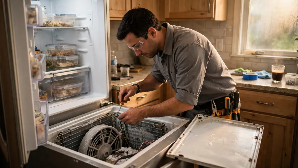 Technician repairing a refrigerator in a humid Houston kitchen, checking the evaporator fan