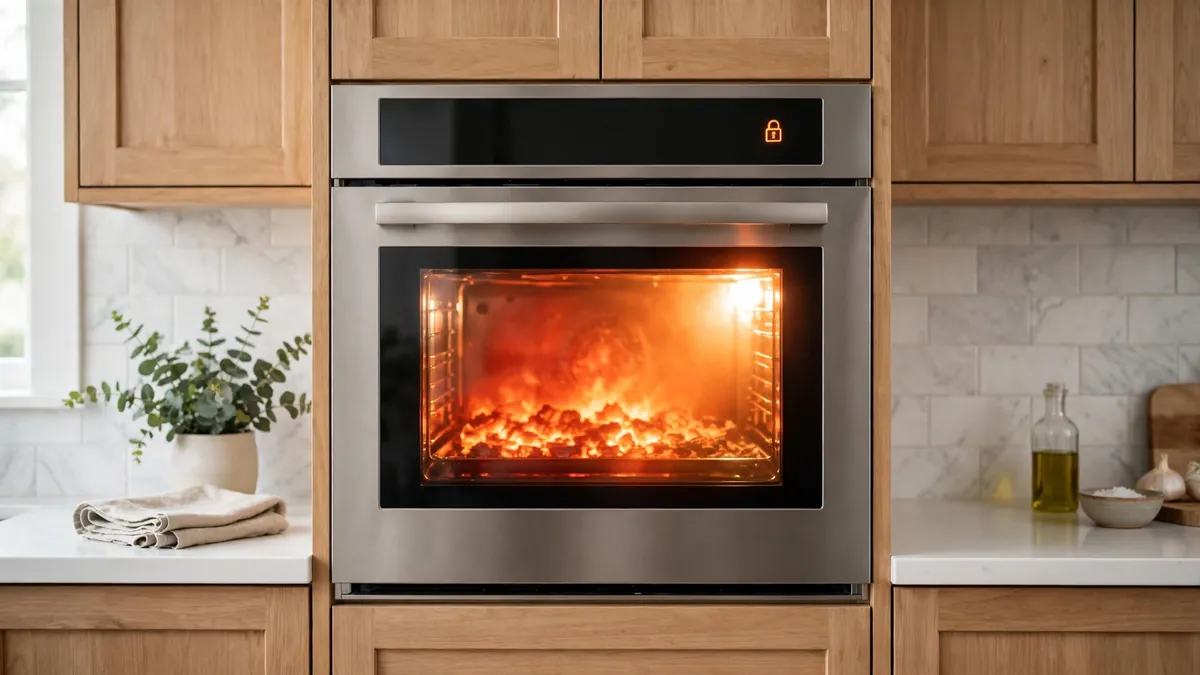 Oven running its self-clean cycle with the door locked during high-heat cleaning