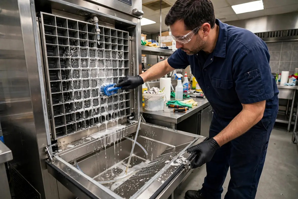 Technician cleaning scale from a commercial ice machine evaporator plate