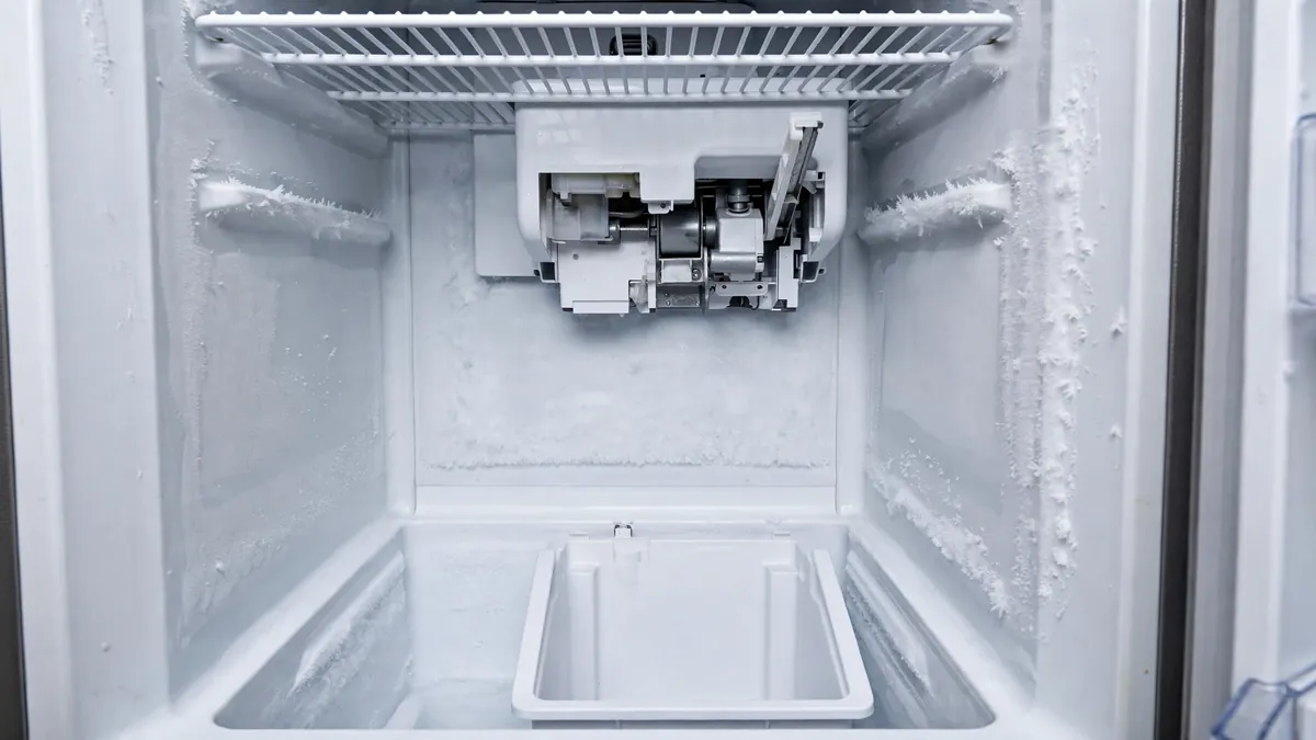 Empty ice maker bin inside a freezer while diagnosing why the ice maker is not making ice