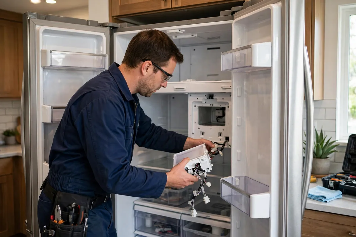 Technician replacing a built in ice maker assembly in a French door refrigerator