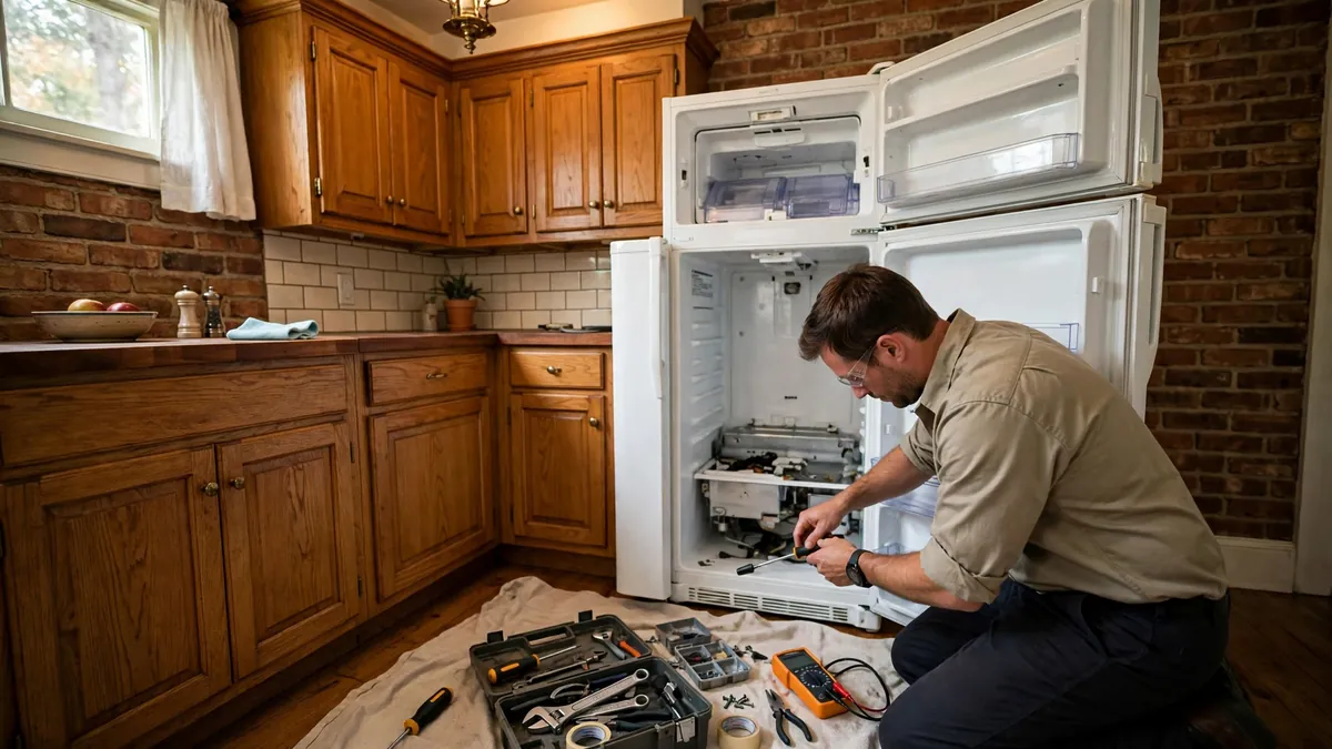 Technician servicing a refrigerator in a brick bungalow kitchen in Indianapolis