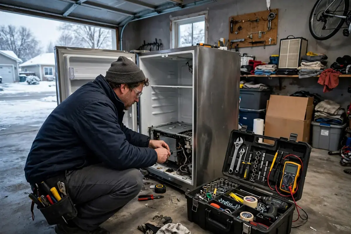 Technician repairing a refrigerator in a Kansas City garage during winter, toolbox open beside the fridge