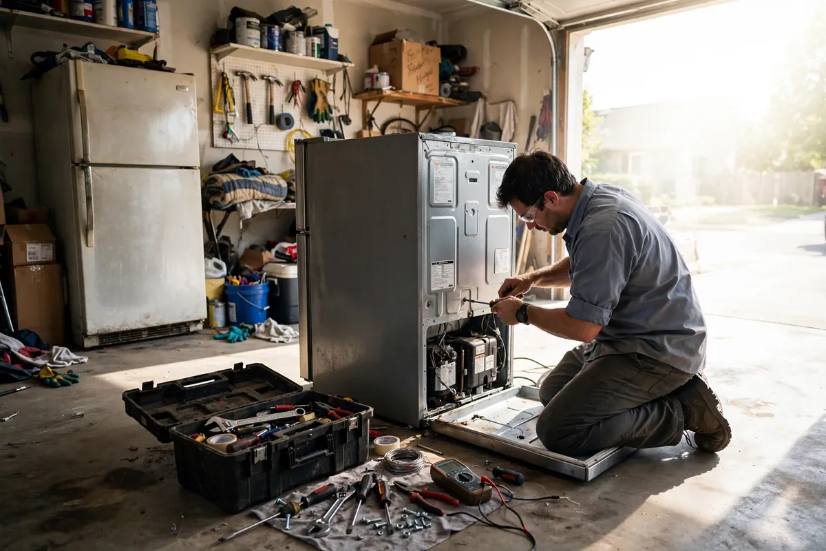 Technician repairing a garage refrigerator in Las Vegas during extreme summer heat, toolbox beside the unit