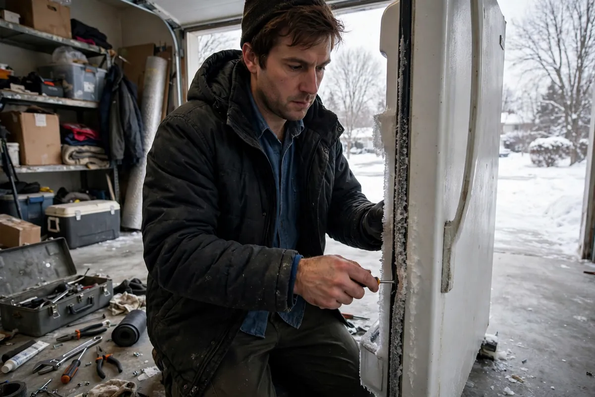 Technician repairing a second refrigerator in a Menomonee Falls garage during winter