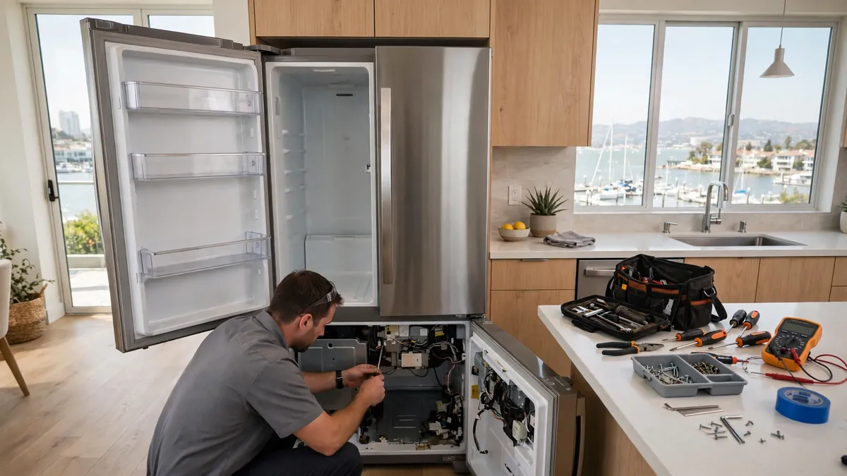 Technician repairing a French-door refrigerator in a Miami Brickell condo kitchen