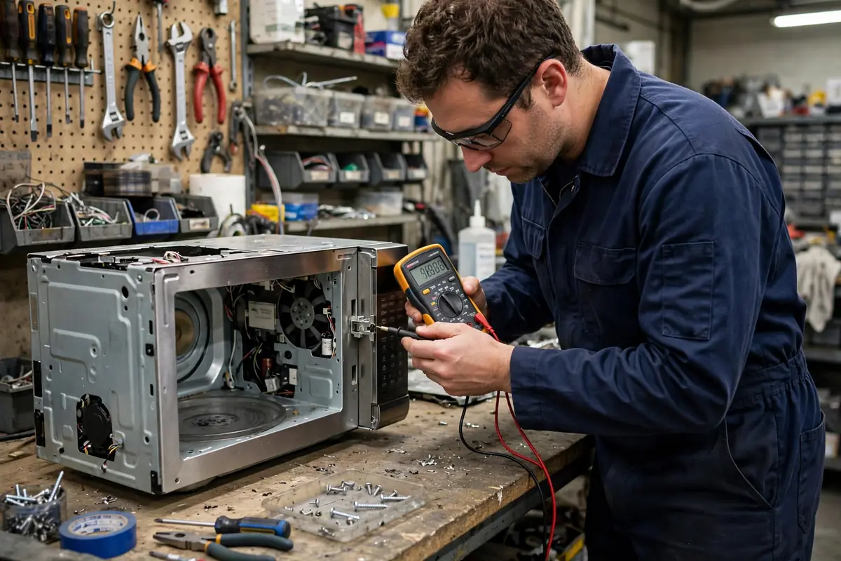 Technician testing microwave door safety interlock switches with a multimeter