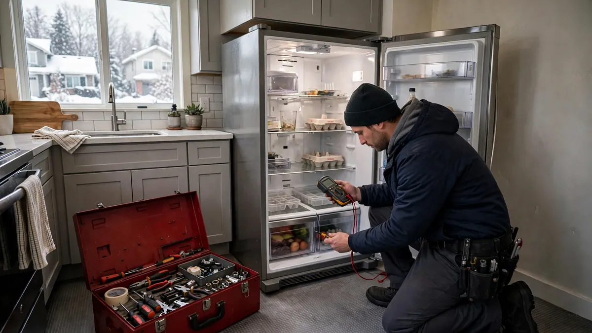 Technician repairing a refrigerator in a Milwaukee home during winter, toolbox open beside the fridge