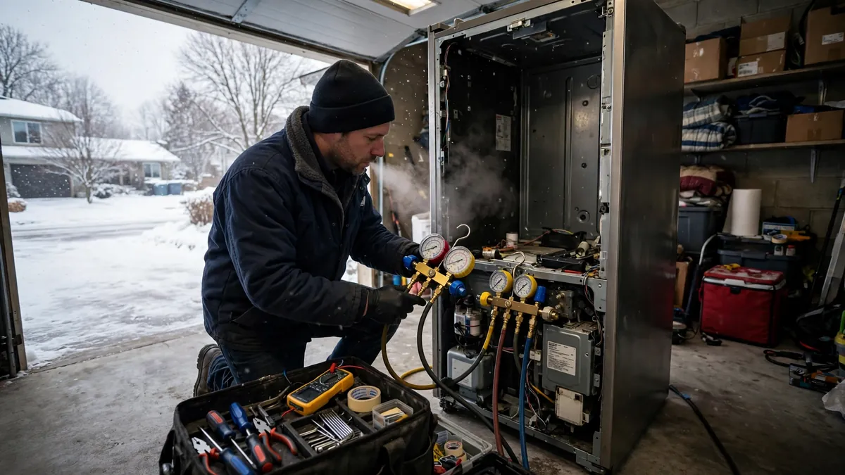 Technician diagnosing a garage refrigerator that stopped working during a Minneapolis winter cold snap