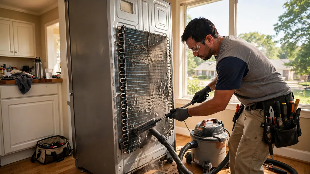 Technician repairing a refrigerator in a Nashville home during summer, condenser coils being cleaned