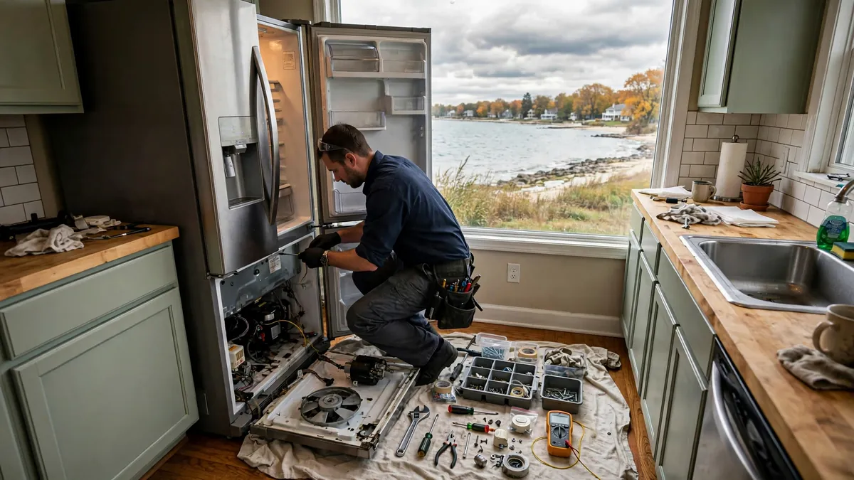 Technician repairing a refrigerator in an Oak Creek home near the Lake Michigan shoreline