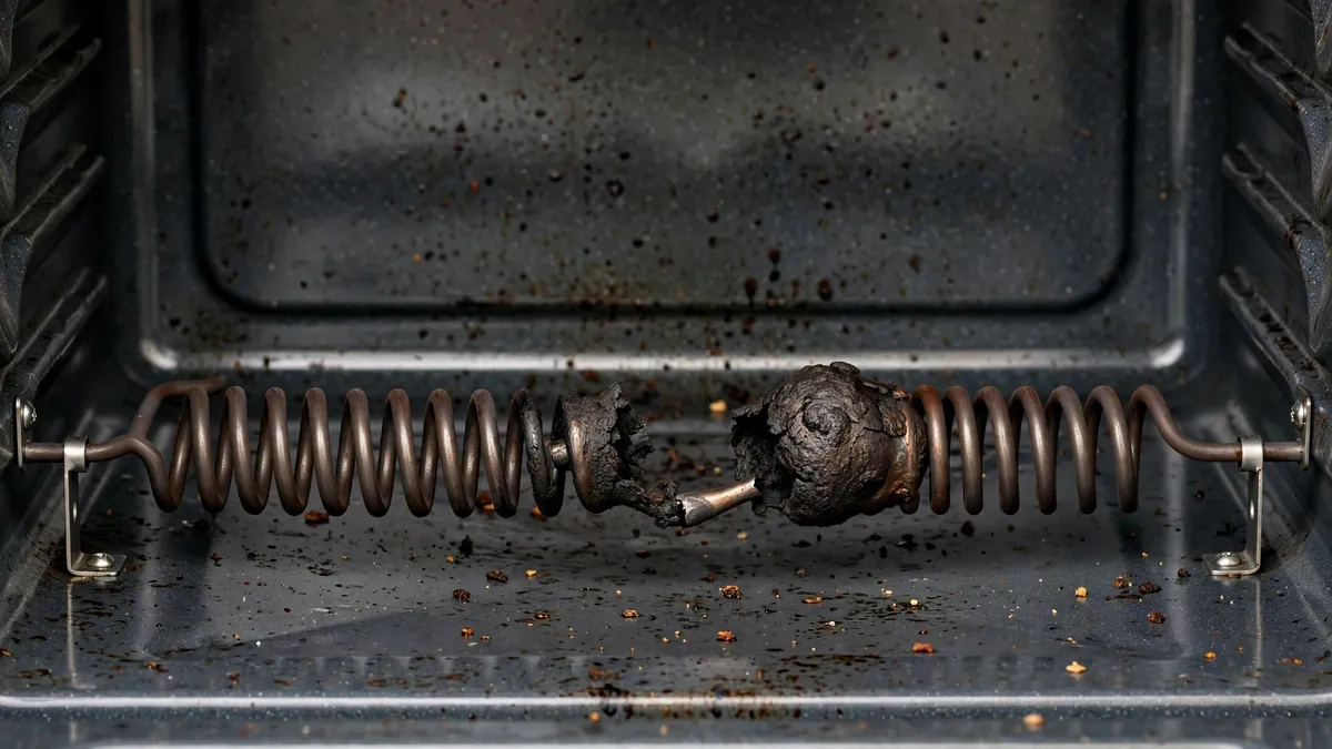 Broken oven bake element with a visible break in the coil, a common cause of an oven not heating