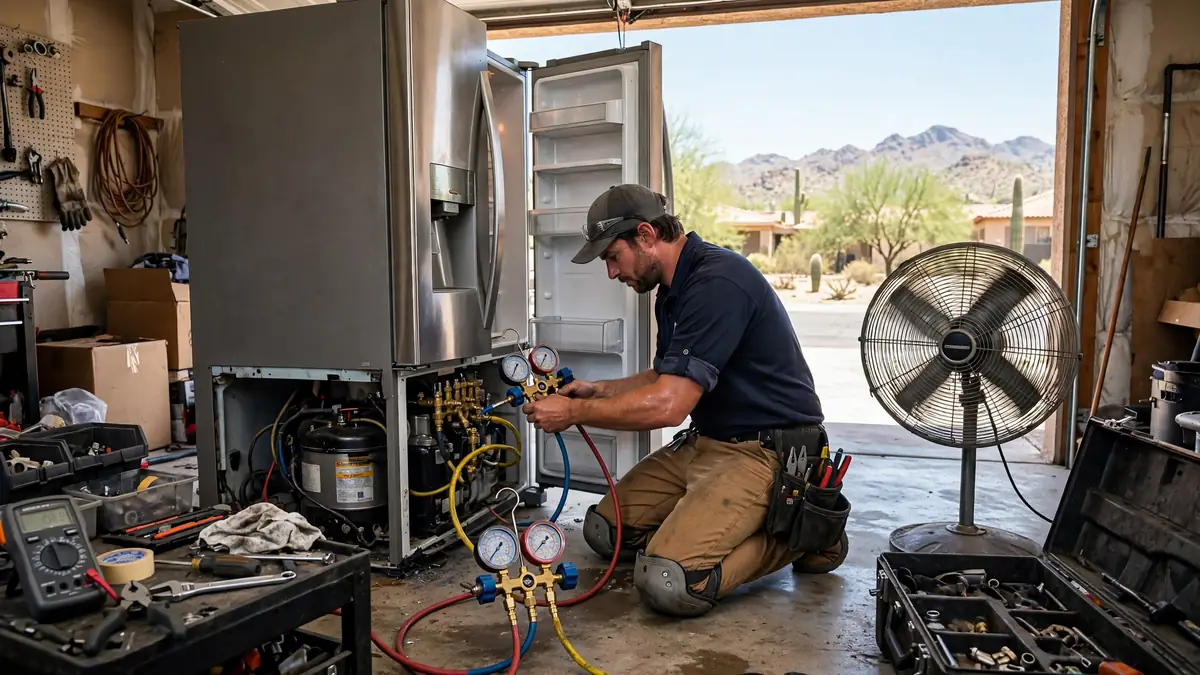 Technician repairing a garage refrigerator in Phoenix during extreme heat, gauges on the compressor