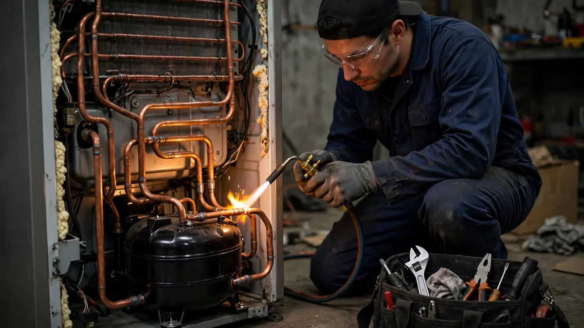 Technician brazing a replacement refrigerator compressor into sealed copper tubing