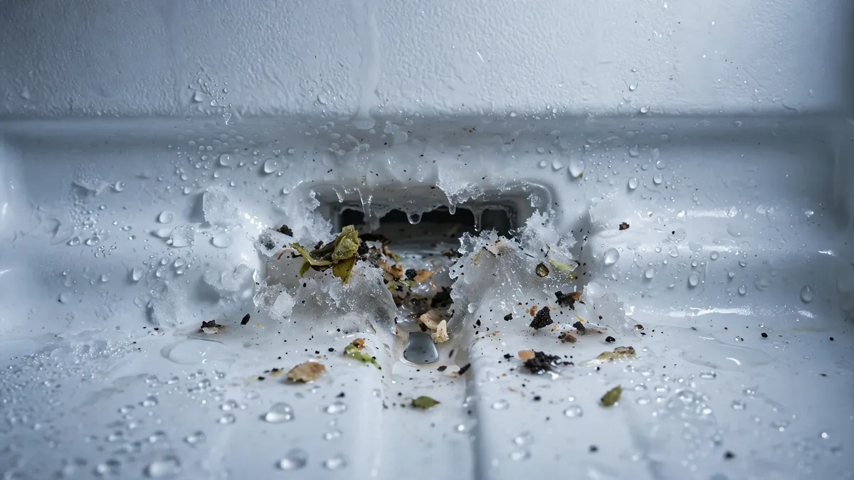 Clogged refrigerator defrost drain hole on the back wall, the top cause of a refrigerator leaking water on the floor
