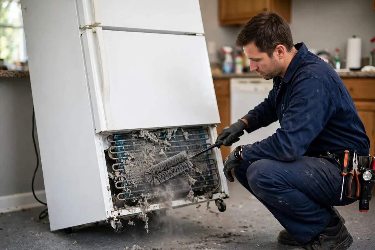 Technician cleaning dust from refrigerator condenser coils