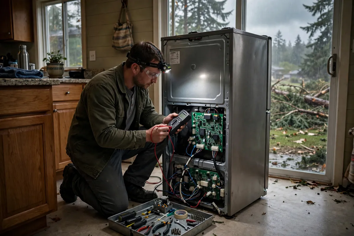 Technician testing a refrigerator control board in a Spokane home after a windstorm power outage
