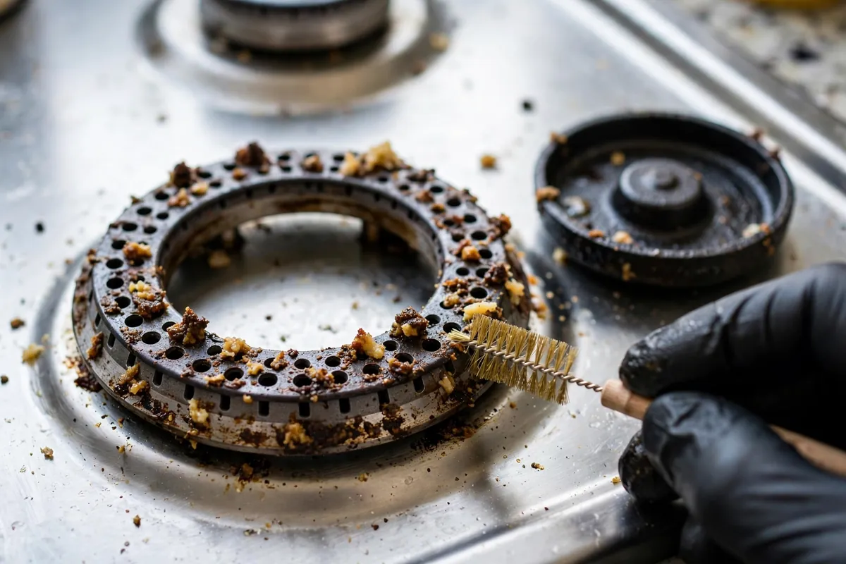 Gas stove burner with clogged flame ports from food debris, the top reason a burner will not light