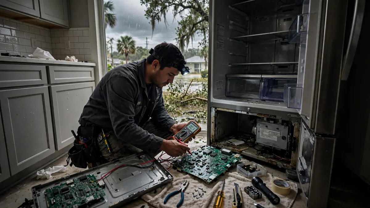 Technician testing a refrigerator control board in a Tampa home after a storm outage