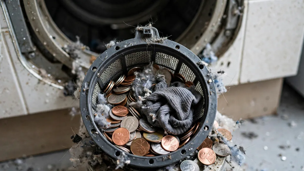 Clogged washing machine drain pump filter full of coins and lint, the top cause of a washer not draining