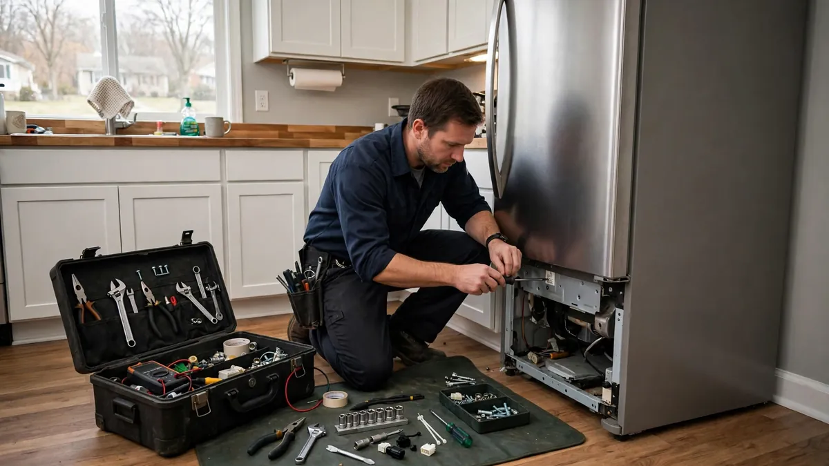 Technician repairing a refrigerator in a Waukesha home near the Fox River, toolbox open beside the fridge