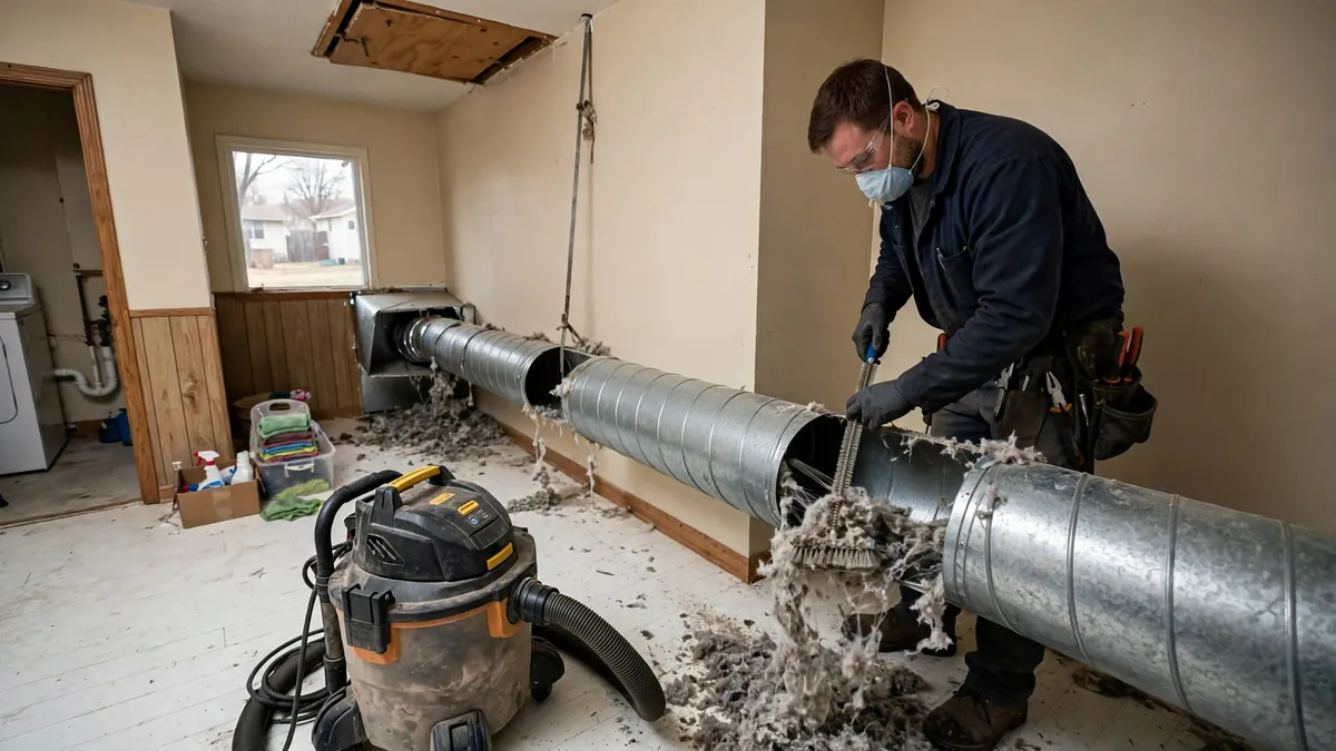 Technician cleaning a long dryer vent run in a Wichita ranch home